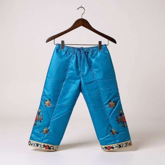 Vintage Golden Bee Embroidered Silk Blue Kimono Jacket + Pants Set Size 8 - Picture 5 of 16